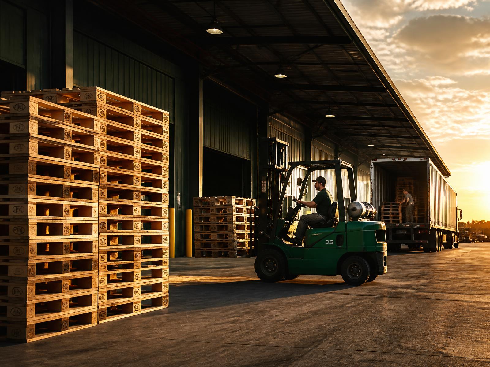 Estoque de pallets de madeira e carregamento de caminhão em um pátio industrial